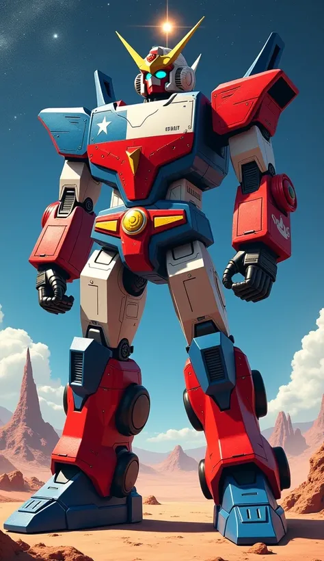 A colossal Megazord in red, white, and blue, inspired by the Chilean flag. Its chest features a giant telescope, symbolizing Chile’s astronomical heritage, and its shoulders are styled as volcanoes. The legs resemble the Andes Mountains, and its helmet bea...