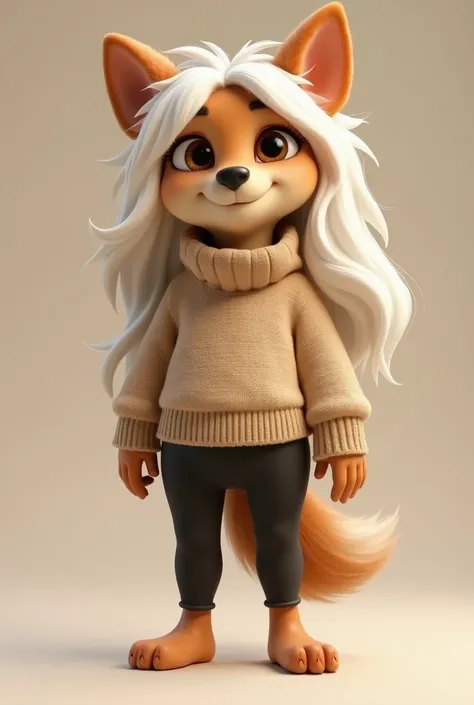 Light brown dog humanoid body womens robust complexion sharp trunk big legs long white head hair loose cut bo style smiley big brown eyes wearing black leggings and realistic Pixar style sweater 