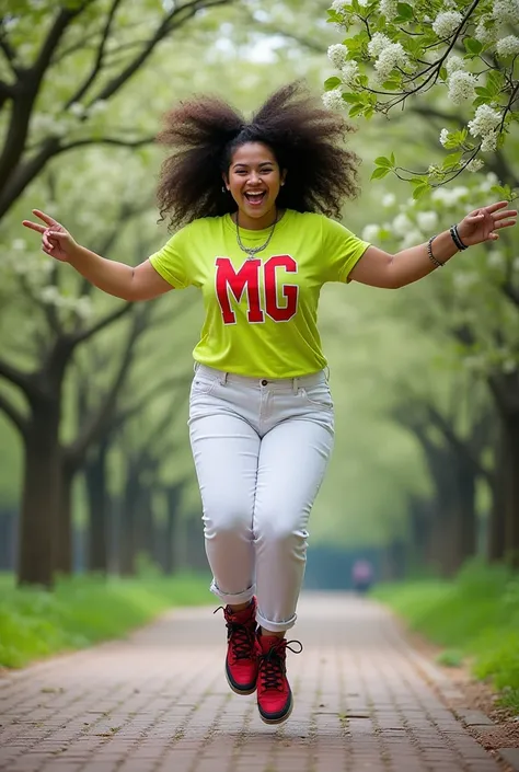  the best professional photograpy , hyperrelational , high saturation,  busty indonesian beauty 25 years old with white skin, big fat giant body tall ,  hair unraveled , wearing a bright lime t-shirt with the inscription  "MG" red white color with a neckla...