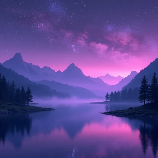  Create an image of the Baikal mountains under the starry sky, using purple shades . In the style of the game Minecraft.  Let the sky be filled with bright stars and the Milky Way ,  and mountains are reflected in the calm water of the lake .  Add natural ...