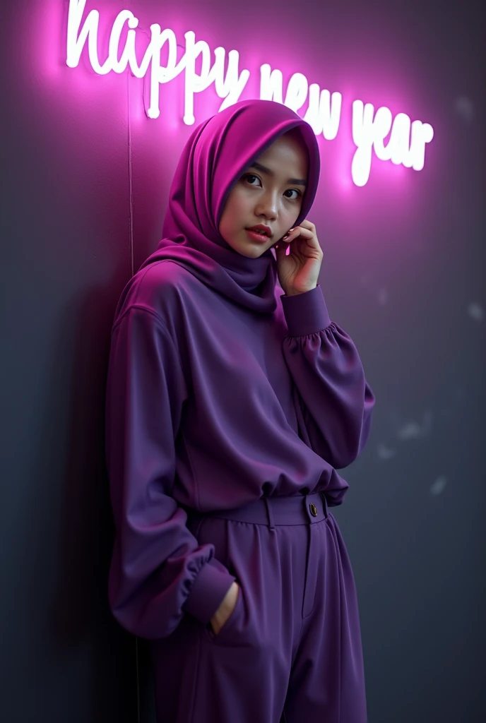  professional full body portrait of a beautiful 20 year old girl with a face Sundanese and Korea,  using a purple trainy hijab emits a heart-warming aura ,  outfits beautiful purple trainy blouse oversize style girly yang hanya dimasukkan satu bagian ke ce...