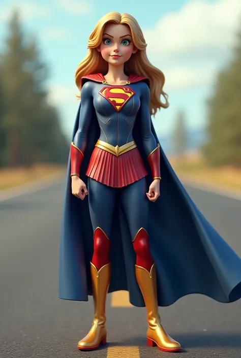 "A confident super girl stands in the middle of an empty road, captured from the waist up. She wears a realistic, form-fitting superhero costume with deep red and gold accents, and a flowing blue cape caught in the breeze. The symbol of a shining star is o...