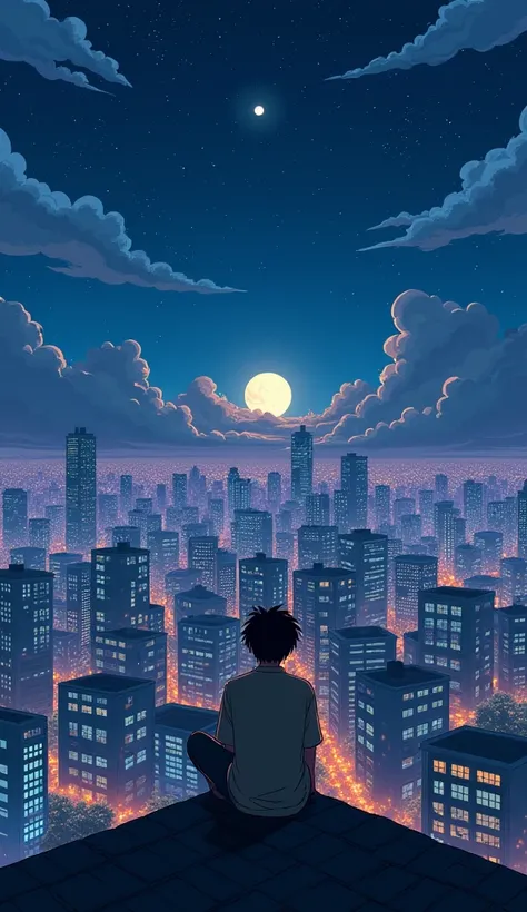  Creates a fantastic nightlife , a young man sitting alone on the top, with many buildings ,  style Ghibli anime celebrating the new year, The year 2025 !!! Lights
