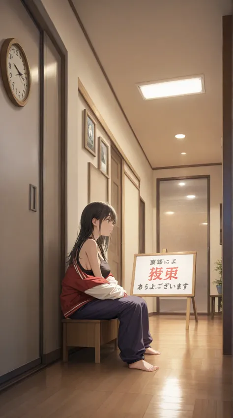 raw photo, a female, letterman jacket, tank top, sideboob, harem pants, looking at a sign, the sign has a text "countdown to new year", text is "", below the sign theres a coutdown clock with 00:30 seconds left, sitting, indoors, scenery, masterpiece, best...