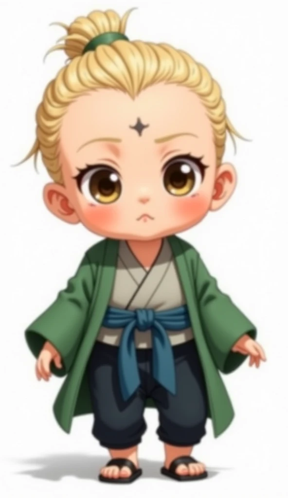 A hyper-realistic baby version of a strong and confident anime character. The baby has soft, chubby cheeks with a hint of determination in their expression, large expressive eyes, and soft blonde hair styled in a short, wispy ponytail with a few loose stra...