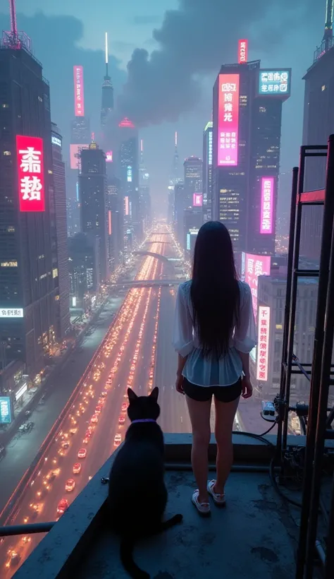 Fantastic futuristic cyberpunk cityscape at dusk 。 Skyscrapers and countless chimneys that blow out water vapor are lined up 、 the highway is stretched through the air 。 Large neon advertising signs and holograms float 、Vibrant cyberpunk cityscape 。 In the...