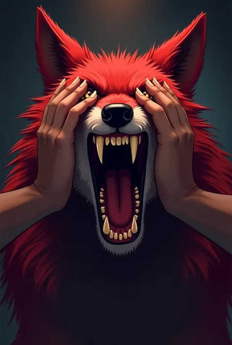 cartoon 2d wolf mature with open mouth sharp fangs, scary, while human hands covering wolfs eyes, dark red colors