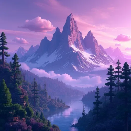  Picture majestic Baikal mountains ,  made in Minecraft pixel style .  Use bright purple hues to create an atmosphere of mystery and magic.  Mountains must be high and angular ,  details with the sharp edges and ,  textures typical of the blocks in the gam...