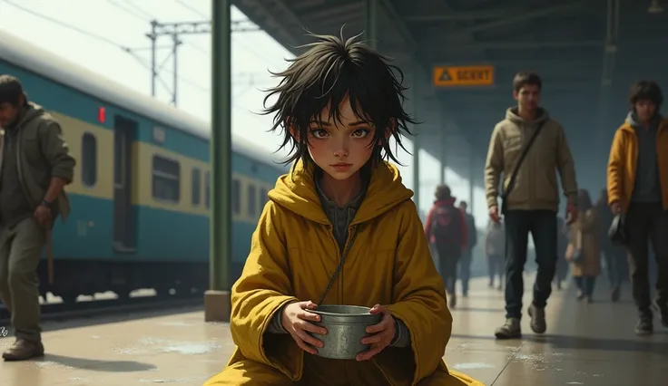 digital painting illustration art,a beggar Worn-out yellow clothes, unkempt hair, thin frame, tired eyes, barefoot, holding a small tin bowl. sitting on railway station, passengers near train, 