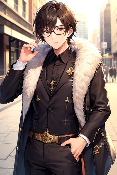 ((All men))、Good-looking good-looking guy with brown hair、（ slit eyes ）、adult male 、（インテリGlasses）、Great looks、Glasses、 gorgeous coat 、 with fur in her、 cool expression、 seventy-three part 