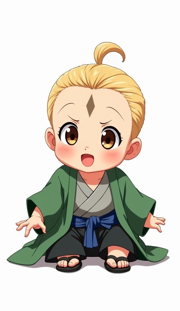 A hyper-realistic baby version of a strong and confident anime character. The baby has soft, chubby cheeks with a hint of determination in their expression, large expressive eyes, and soft blonde hair styled in a short, wispy ponytail with a few loose stra...