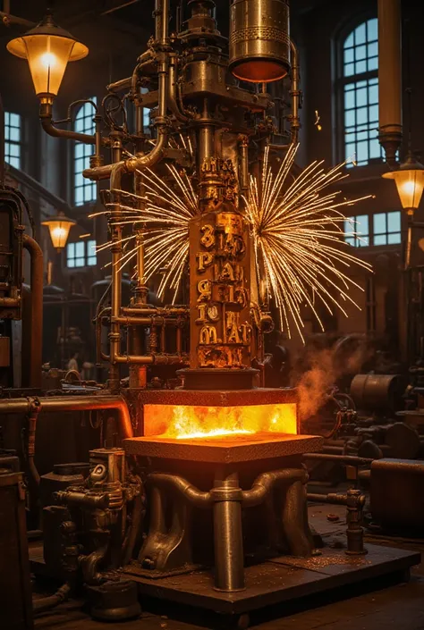 A steampunk forge machine is forging a sign. The sign says "Happy New Year". The forge sparks fly like fireworks. New Years , professional and perfect composition, extremely delicate depiction, extremely clear image, various effects, bold and dynamic, cont...