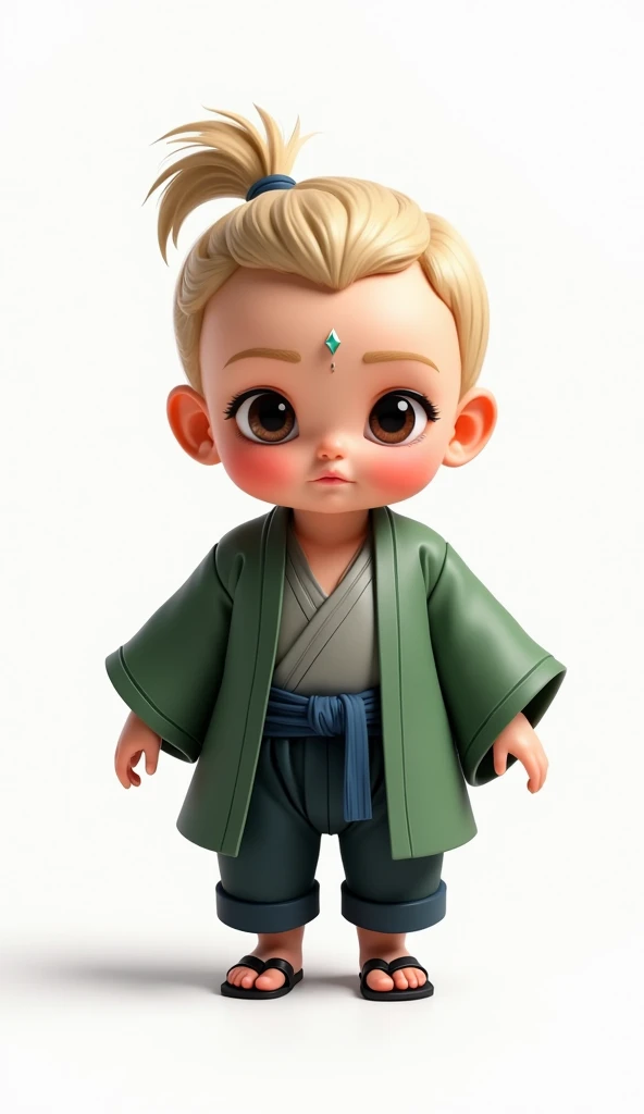 A hyper-realistic baby version of a strong and confident character. The baby has soft, chubby cheeks with a hint of determination in their expression, large expressive eyes, and soft blonde hair styled in a short, wispy ponytail with a few loose strands fr...