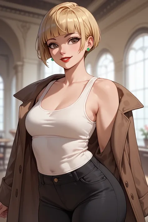 Girl, blonde hair, pixie cut, dark brown eyes, plump red lips, medium breasts, large hips, hourglass body, slim, slender, smile, blunt bangs, green earrings, brown coat, white tank top, black pants