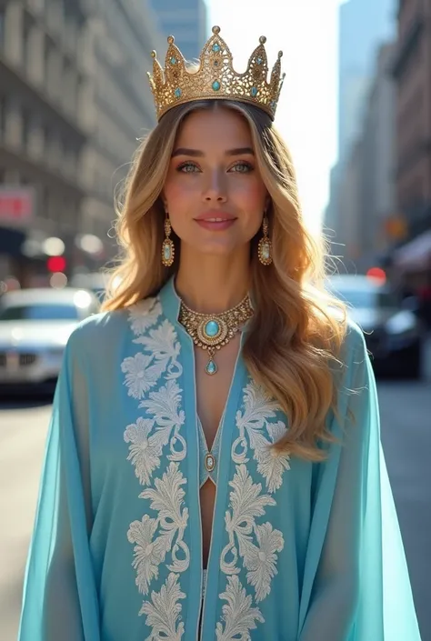 Rich teenage girl, beautiful girl. Model.  figure wearing expensive  light blue    salwar kammez and white beautiful patterns and wearing a gold crown. . She is standing with perfection and smiling. Behind her was new york city skyline and bugatti cars . S...