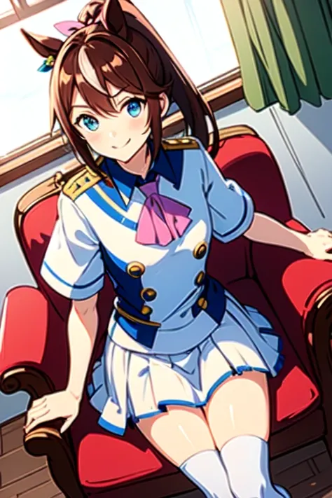 Tokai Teio,smile,high ponytail,streaked hair,fake animal tails,girl,best quality,tracen school uniform, sailor collar, bowtie, purple shirt, sailor shirt, short sleeves, white skirt, white thighhighs,white kneehighs,Narrowed sleeves, long chair,sitting,blu...