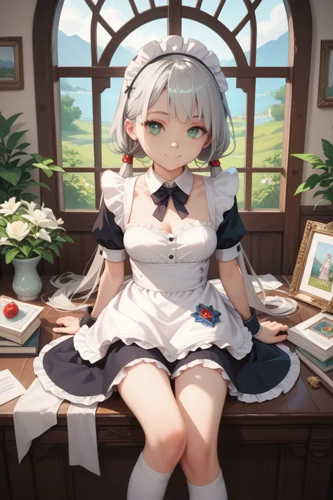 ((best quality)), ((masterpiece)), (detail), 1 early teen girl, silver hair, long hair, low twintails, light green eyes, small eyes, medium breasts, skinny, smile, maid costium, thigh high socks, 