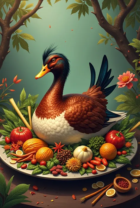 Create an illustration of a one-tailed duck on a large plate that is seductively rich in Indonesian spices as well as lalapan vegetables and Indonesian herbs. Give it an exclusive and vintage touch With a lot of creativity 