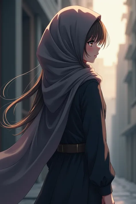 An anime girl in hijab her back only