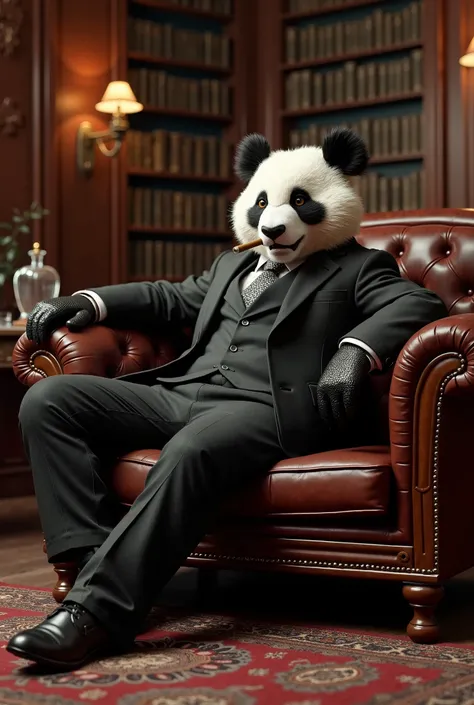 Panda boss smoking cigar in a expensive suit,in a vintage office,on a leather couch