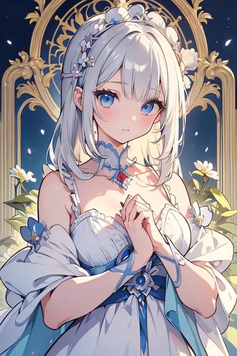 Official art, European masterpiece women,, pale silver hair , azure eyes, (​masterpiece、top-quality、hight resolution: 1.4),in 8K, Anime Art Nouveau, highly detailed exquisite fanart, anime fantasy illustration, clean detailed anime art, detailed anime art,...