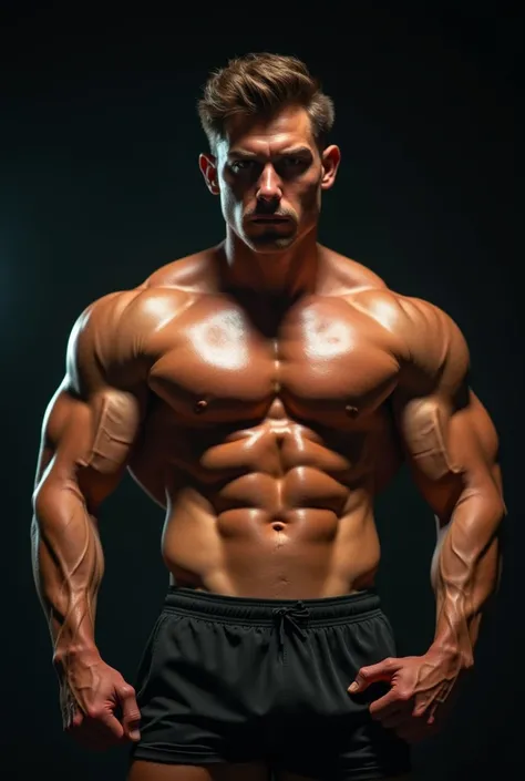 Low angle shot of a hot young male bodybuilder with huge overdeveloped chest muscle in bodybuilding posers looking down at the camera