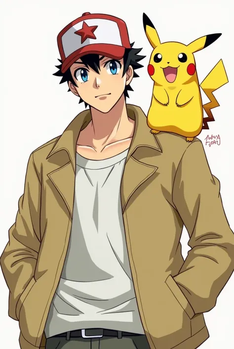 a drawing of a man with a hat and a jacket, um retrato de personagem inspirado em Yoshida Akihiko, pixiv, shin hanga, Yoshida Akihiko!, pikachu as a human, 2d anime style, Pokemon trainer costume ,  high quality fanart , as an  Anime Character,  digital ar...