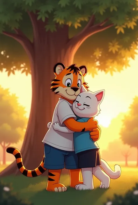 "Under the large tree in the park, Speed, the acute tiger with fluffy soft fur in a white t-shirt and blue shorts, hugs Ben, the cute white cat with fluffy soft fur in a blue t-shirt and black shorts. Their embrace is heartfelt, with both characters showin...