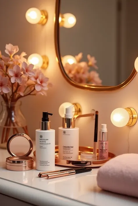 "A chic setup showing makeup essentials like setting spray, primer, and powder on a vanity, with soft lighting and a long-lasting makeup theme."
