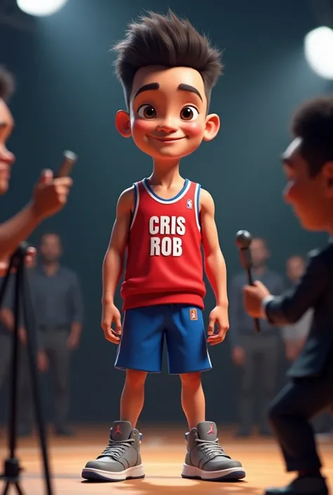 Realistic 3D caricature, 3D rendering effect, smooth and soft lighting. A young man looks cool. smile. wearing a red basketball jersey with name CRIS ROB , blue short , gray Jordan four sneakers. standing on a  front of media reporters. Studio background w...