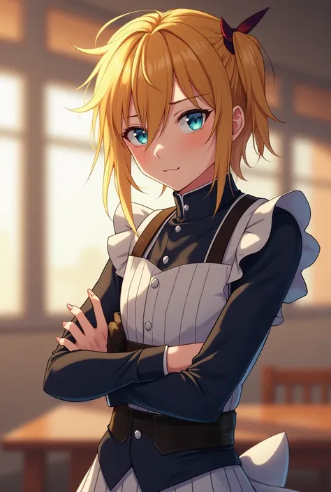 A young guy with golden long hair and soft blue eyes, pretty aggressive , thin, anime guy in the form of a waiter or a maid suit guy