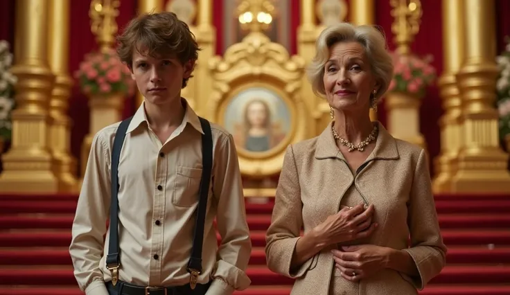 "A 17-year-old poor boy wearing simple and slightly worn-out clothes stands awkwardly next to a 70-year-old wealthy woman on a grand wedding stage, surrounded by extravagant gold and crystal decorations."