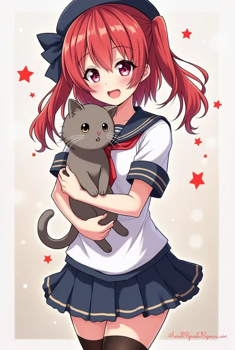 a girl in a sailor outfit holding a cat and stars, an anime drawing inspired by Li Shida, pixiv contest winner, shin hanga, ayaka genshin impact, ryuko matoi, attractive matoi ryuko, zhongli from genshin impact, onmyoji portrait, official artwork, ayaka ga...