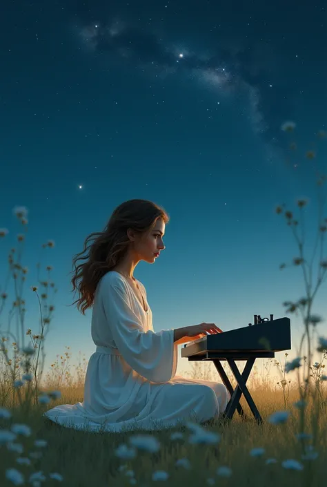 brown woman, with brown and wavy hair , with white clothes,  playing keyboard on a field with starry sky above 