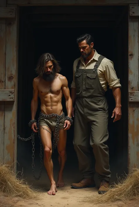 Young man with short beard and long hair. He is in his undies chained up. He is being forced to get inside a barn by another man Who IS only wearing only overalls