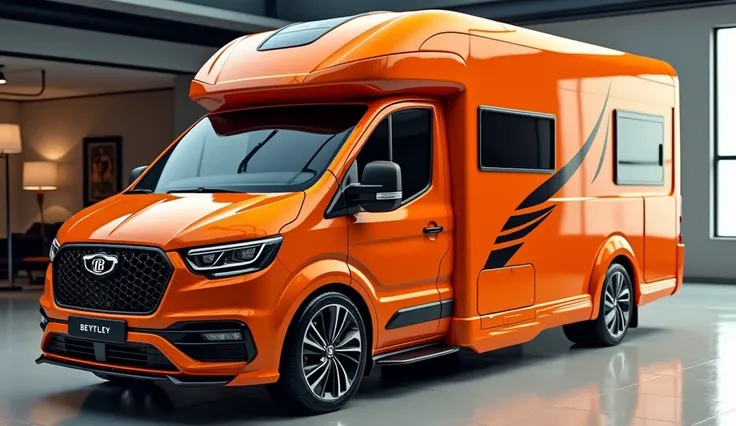 Create a ultra detailed 3d render modern(Bentley motor home) with bold design with "Gleamy (orange)" clour with a "(motor home)" full  back viewlogo on its front with a large white detailed grille. And blavk alloy wheels ‘and.headlights" and with wide expe...