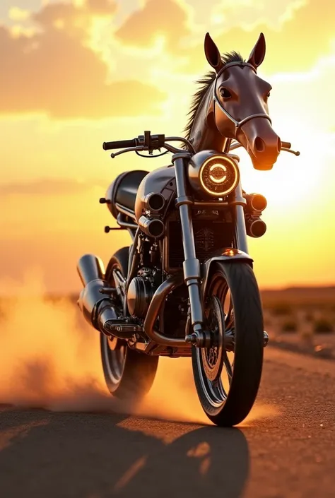 Scene 1: A barren desert road at sunset. A sleek, futuristic Avenger bike revs up, its engine roaring like a wild beast. Suddenly, the bike begins to shimmer and morph, blending with the silhouette of a powerful horse.

Scene 2: The bikes frame elongates a...