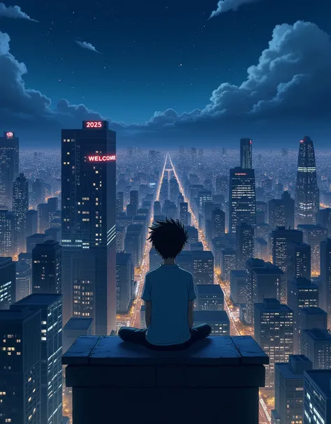  Creates a fantastic nightlife , a young man sitting alone on the top, with many buildings ,  style Ghibli anime celebrating the new year!!!, The year 2025 !!! You light a sign for a building that says: ((( WELCOME 2025 )))) microdetalle
