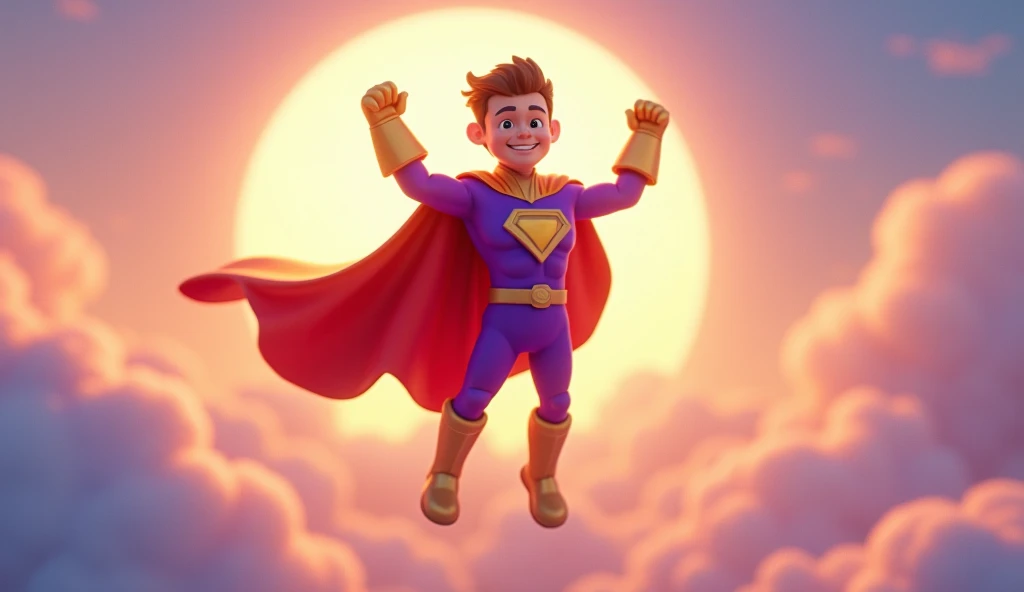  Super ID,    in their purple and gold superhero suit, soaring triumphantly high above the clouds, with the sun shining brightly in the background, casting a warm glow around them.
   3D cartoon disney inspired