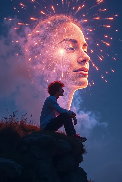  the face created from the explosion of fireworks . a shoulder-length curly haired young man sitting on the edge of a wild green cliff looking up at the sky looking at the explosion of glowing fireworks in purple and orange blue . The fireworks afterglow f...