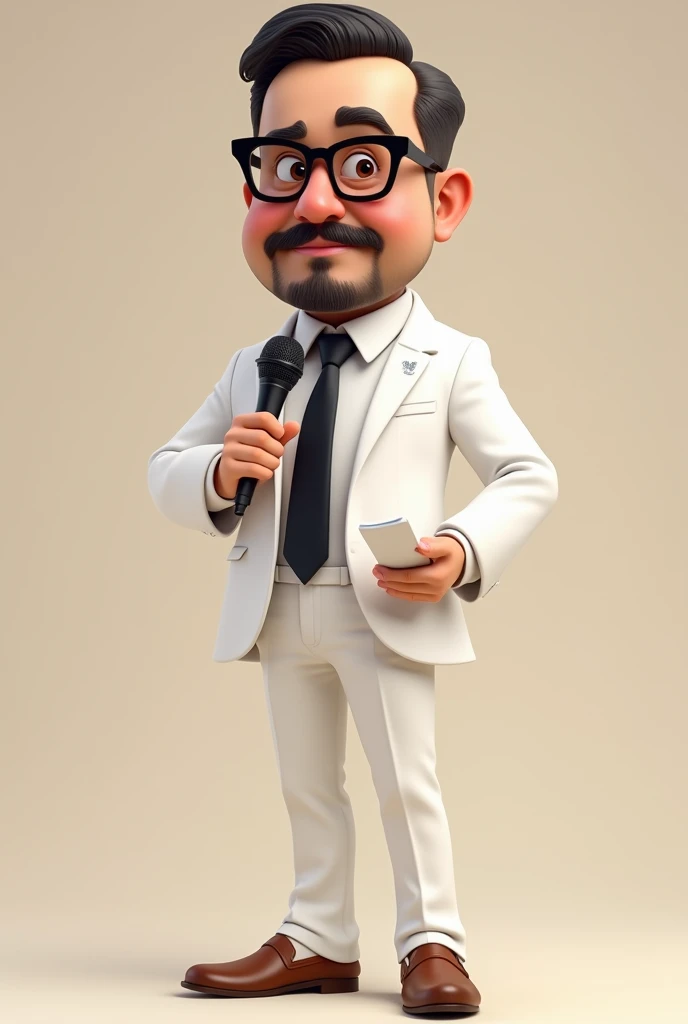 Make me a 4D caricature of a mc at a wedding . Wearing a white coat and white pants , wearing brown slippers  ,  wears black tie  ,  wearing black fram glasses and tracparan lenses  , carrying a mic and carrying a small note in his hand  . Stately postured...