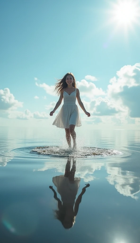 (( masterpiece)),  best quality, realistic 8k ,  wallpaper 1 girl in a dress walking on water with splashes, Ripples, expressing joy,  general plane ,  outdoors, cloudy, blue sky, reflection, mirror, lens flare