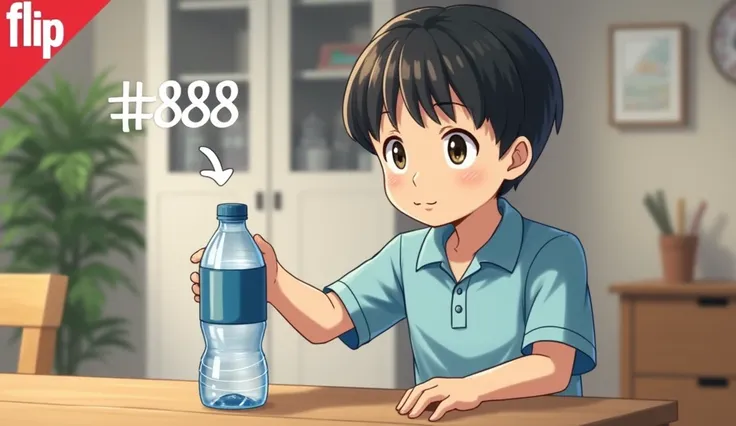 "A young boy with black hair wearing a light blue polo shirt stands near a wooden dining table in a cozy indoor setting. The boy has his hand over a clear plastic water bottle with a blue label, positioned upright on the table. A bold white text reading Fl...