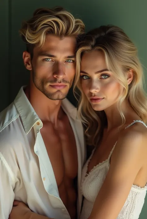 A picture of a very handsome young man with a muscular body, blonde hair, beautiful green eyes, white skin and wearing an open shirt with a very beautiful young woman