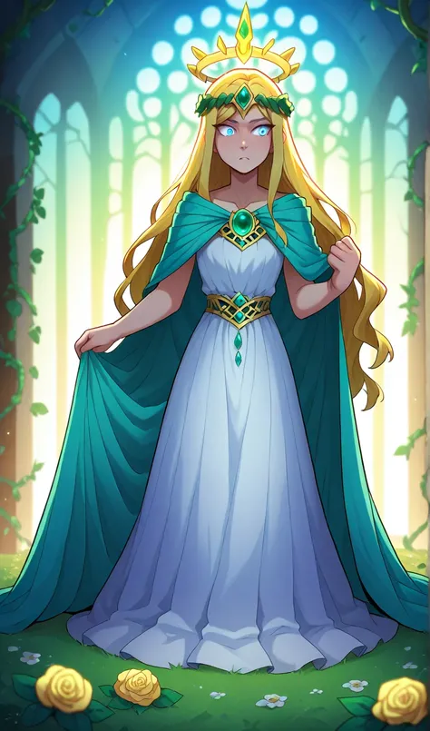 A dramatic anime adaptation of Sleeping Beauty. The princess lies asleep on a bed of glowing roses, her long golden hair cascading around her like a radiant halo. She wears an elegant, flowing gown that seems to shimmer with stardust. The castle around her...