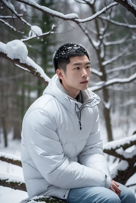  A Chinese man sitting leaning against a tree in a snowy forest. looks up, Thoughtful, as the snow slowly falls from the sky .

