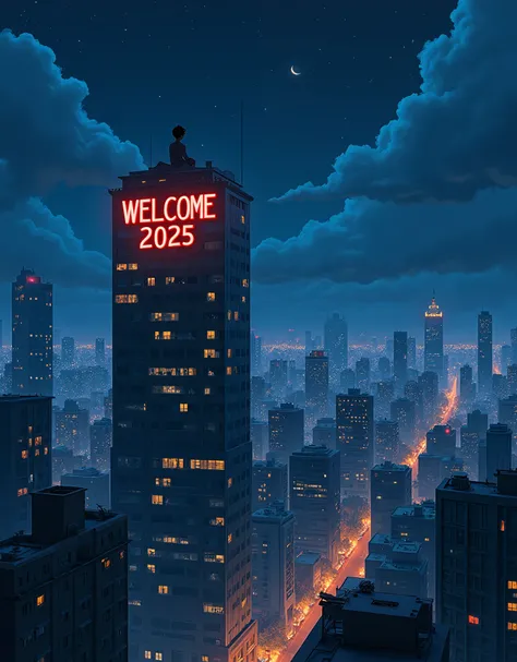  Creates a fantastic nightlife , a young man sitting alone on the top, with many buildings ,  style Ghibli anime celebrating the new year!!!, The year 2025 !!! You light a sign for a building that says: ((( WELCOME 2025 )))) microdetalle
