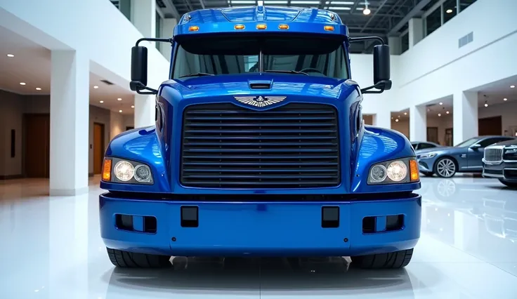 Close front view of painted (blue )with shiny blue 2025(freightliner pickup) sleek in large shape sedan in large size with cobra logo on its large detailed grille in shiny (blue ) blue with angular sporty design captured from close front view with modified...