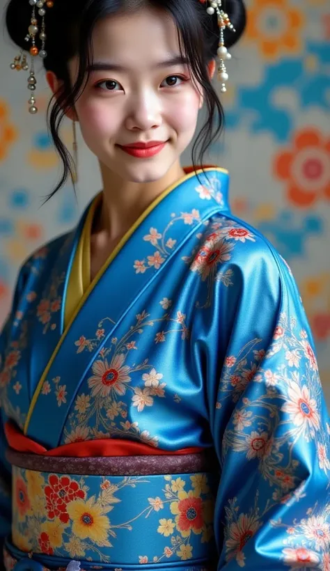 (masterpiece:1.2, top quality ), , one young woman ,break,((from her side,gorgeous kimono,:1.7),break,( big smile:1.4),break,(standing , Watch Viewers .:1.3),( is short, Very Slim Body :1.4),break, black wavy hair,(Beautiful and cute eyes),Blushed,  health...