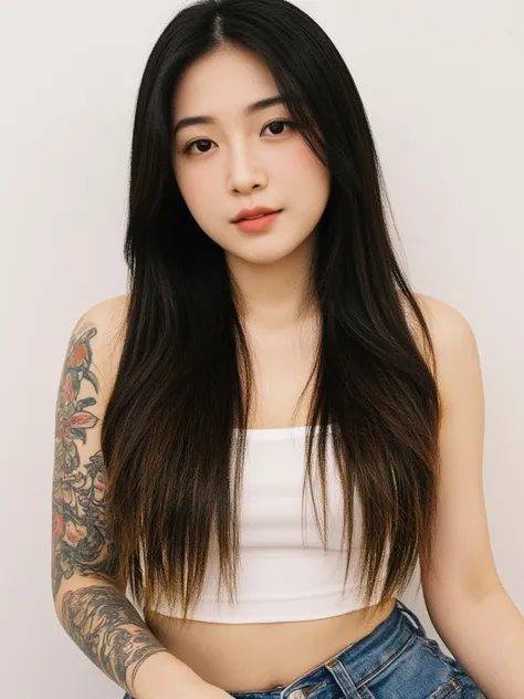 Tall, thin Thai girl with full body and arm tattoos, long straight black hair with gold tips, wearing a white tank top and straight blue jeans, very fair skin, big black eyes, pink lips, pink cheeks, pink undereye circles.